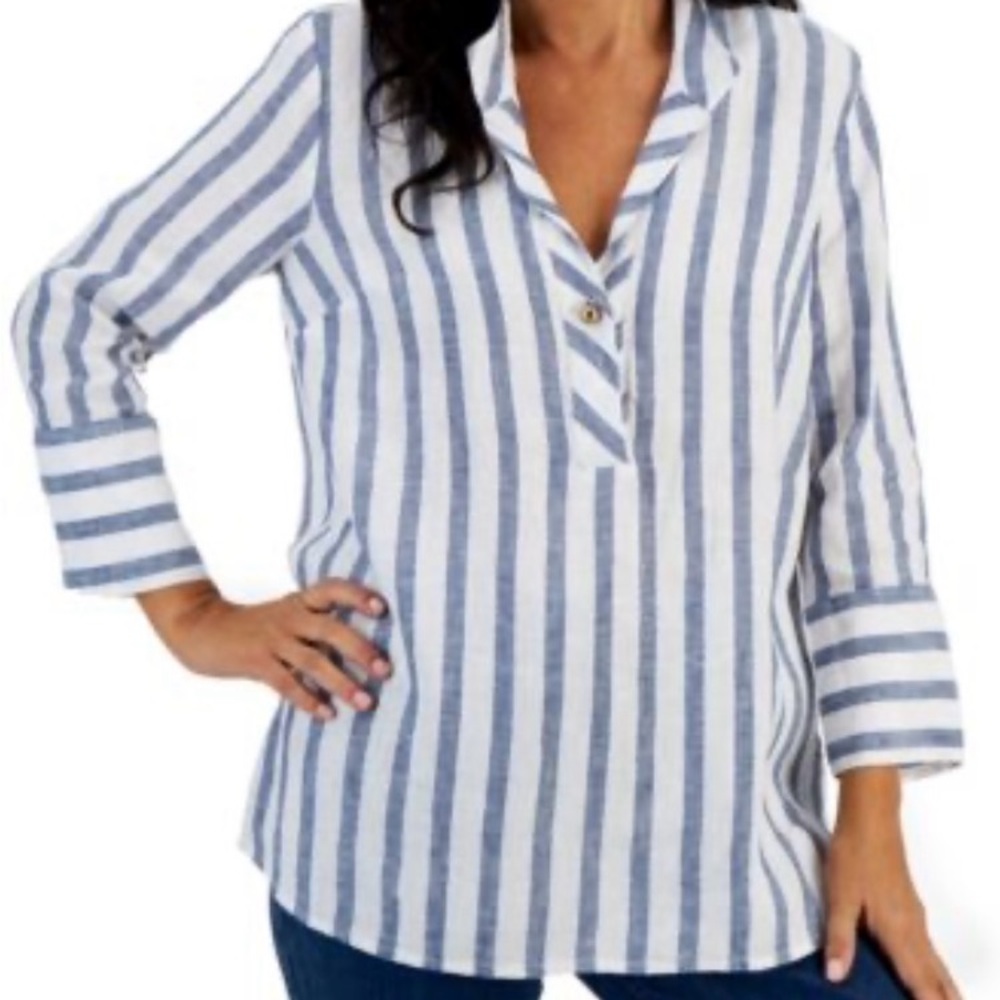 Luxury Linen Charter Club Navy and White Striped Button Down Shirt